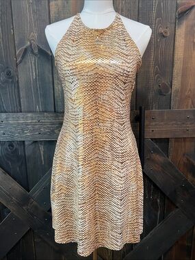Vintage Style Gold Sequin Open Cross Back Mini Dress S Cocktail Party Y2K